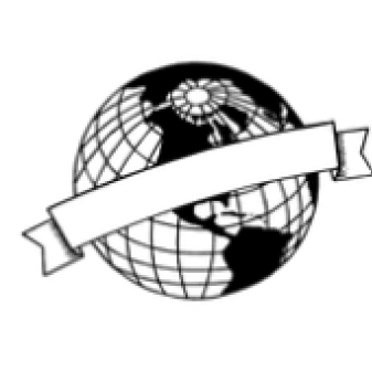 アイコン:モノクロで表現された地球儀にリボンラベルが巻かれている