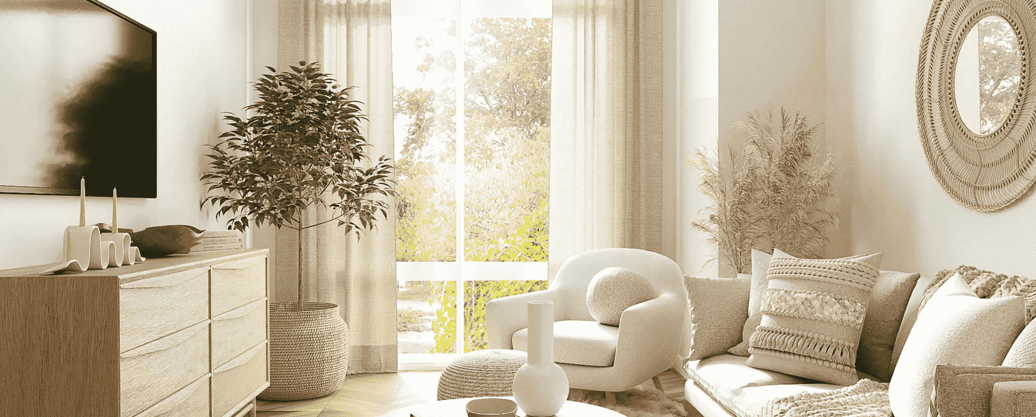 写真:白とベージュを基準とした家具が配置されています